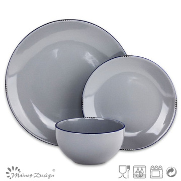 18PCS Dinner Set Solid Grau mit Glasur Schale und Blue Rim